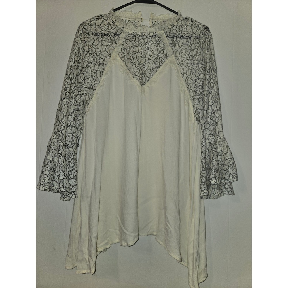 Umgee USA Womens Cream Black Floral Lace Bell Sleeve Boho Tunic Top G0628 Medium